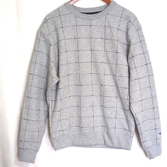 Champion Grey Navy Grid Print Crewneck Sweatshirt Size Medium - Picture 1 of 6